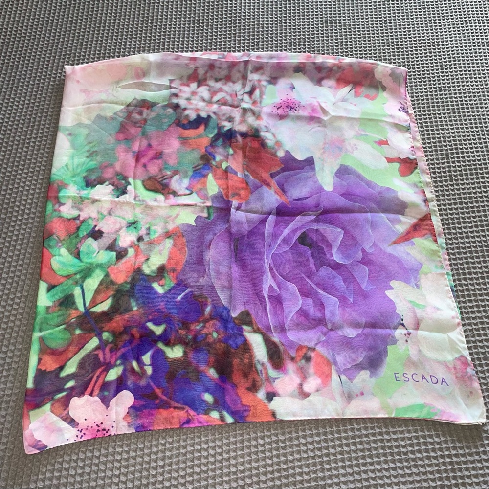 ESCADA Silk Chiffon Floral Watercolor Square Sheer Lightweight Scarf